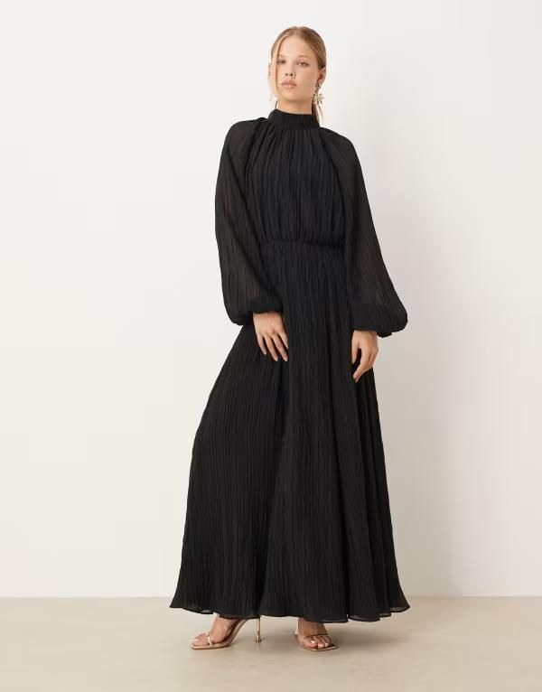 エイソス レディース トップス ワンピース ハイネック マキシワンピース マキシ ASOS DESIGN high neck crinkle maxi dress with blouson sleeve black ブラック