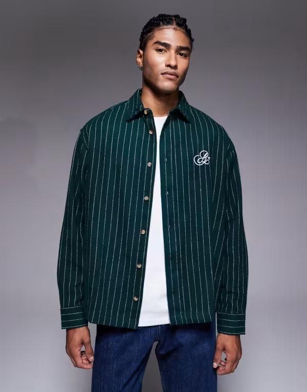 エイソス メンズ トップス シャツ ASOS DESIGN oversized stripe shirt with chest embroidery GREEN グリーン
