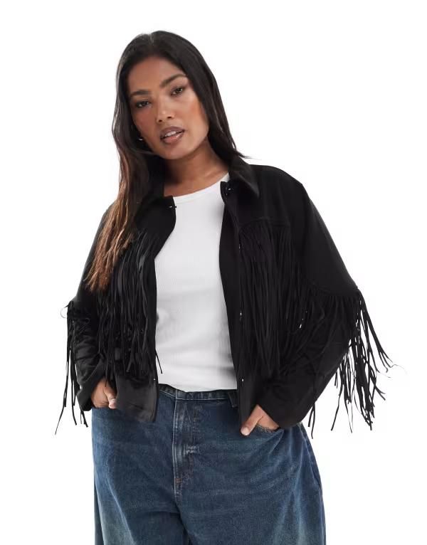 オンリーカーブ レディース アウター ジャケット・ブルゾン スエード クロップド フリンジ ジャケット ONLY Curve fringe detailing faux suede cropped jacket Black ブラック