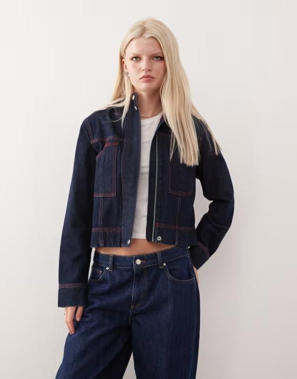 コルージョン レディース アウター ジャケット・ブルゾン フーデッドジャケット デニム ジャケット COLLUSION denim 00s hooded jacket in rinse Rinse デニム