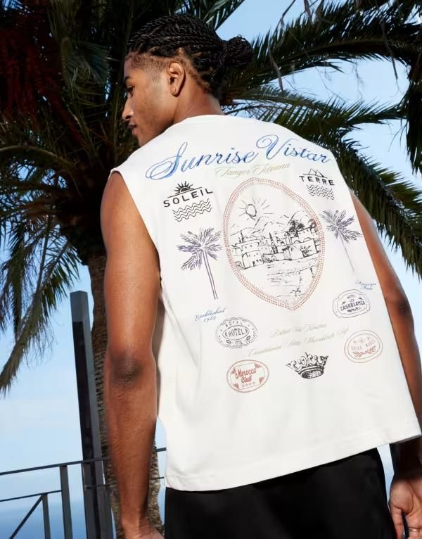 リバーアイランド メンズ トップス ベスト 刺繍 River Island sunrise vistar embroidered tank top WHITE ホワイト