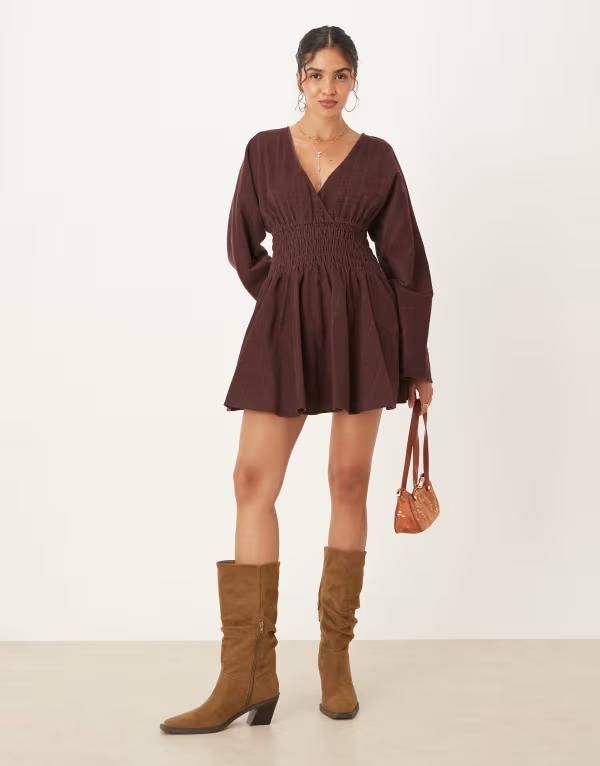 エイソス レディース トップス ワンピース Vネック コーデュロイ ミニワンピース ミニ ASOS DESIGN corduroy v neck mini dress with shirred waist in mulberry Mulberry