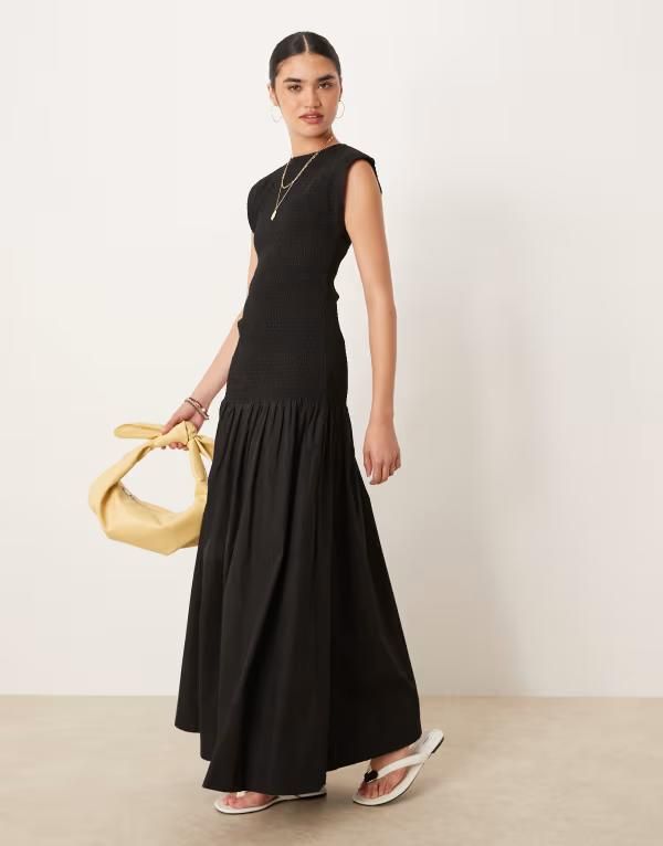 エイソス レディース トップス ワンピース マキシワンピース マキシ ASOS DESIGN shirred poplin maxi dress with dropped waist Black ブラック