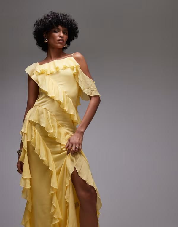 アンドアザーストーリーズ レディース トップス ワンピース ティアード フリル マキシ Other Stories maxi slip dress with tiered ruffle detail and low tie back in yellowイエロー