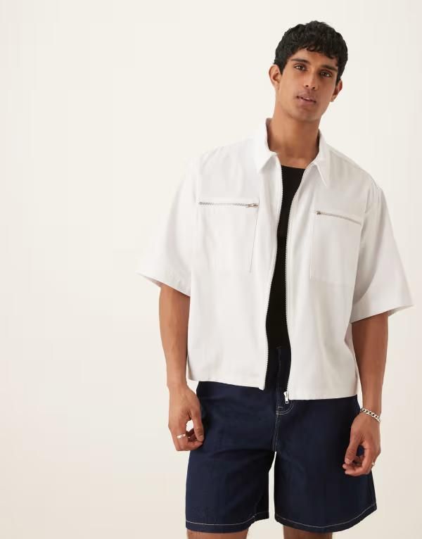 エイソス メンズ トップス シャツ ASOS DESIGN oversized half sleeve shirt with zip pocket detail WHITE ホワイト