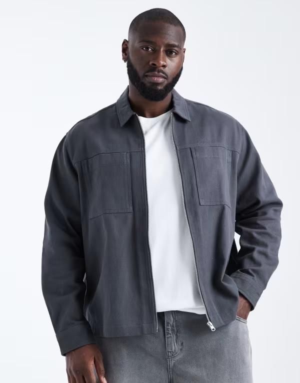 エイソス メンズ トップス シャツ ASOS DESIGN twill zip up overshirt in washed WASHED BLACK ブラック