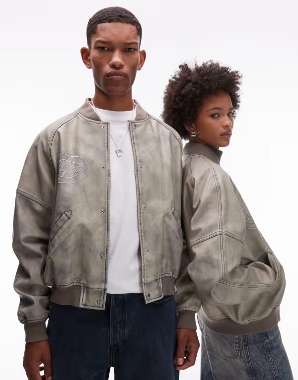 コルージョン レディース アウター コート ジャケット COLLUSION Unisex washed varsity bomber jacket Gray グレー