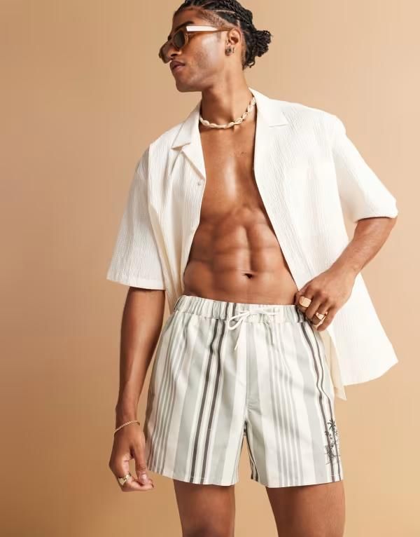 エイソス メンズ 水着 ハーフパンツ・ショーツ プリント ショートパンツ レース ASOS DESIGN swim shorts in short length in cream stripe with placement print CREAM クリーム