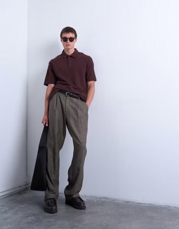 トップマン メンズ ボトムス カジュアルパンツ プリーツ パンツ Topman relaxed tapered pleated herringbone pants BROWN ブラウン 15,525円