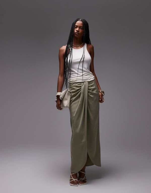 エイソス レディース ボトムス スカート ドレープ マキシ ASOS DESIGN lyocell drape front maxi skirt in olive Olive Green グリーン