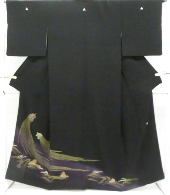 京松】黒留袖 五つ紋 蓑亀 比翼仕立 金糸 落款 着物 正絹 身丈約163cm