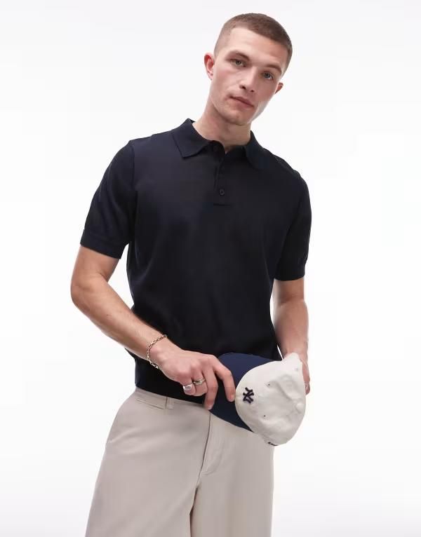 トップマン メンズ トップス ポロシャツ ニット リネン Topman linen mix knit polo shirt NAVY ネイビー