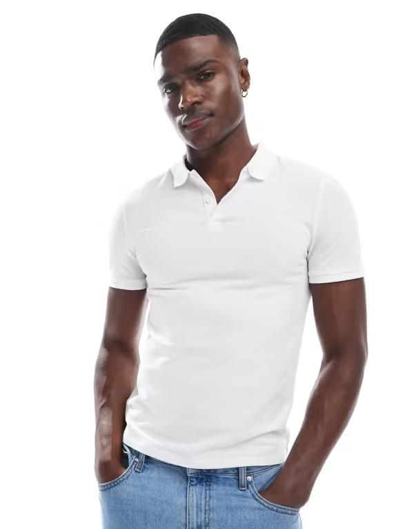 エイソス メンズ トップス ポロシャツ ASOS DESIGN muscle fit pique polo WHITE ホワイト