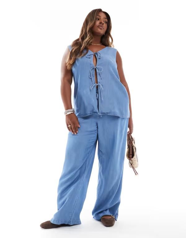 ヴェロモーダ レディース ボトムス カジュアルパンツ ワイドレッグ パンツ Vero Moda Curve fluid wide leg pants chambray part of a set Medium blue ブルー