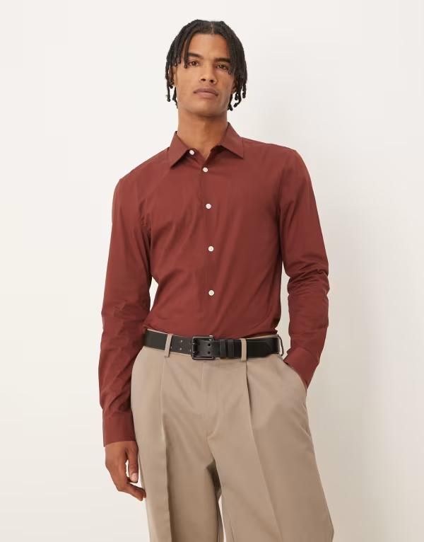 エイソス メンズ トップス シャツ ASOS DESIGN skinny poplin shirt Burgundy バーガンディ