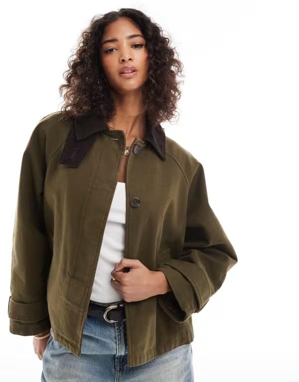 エイソス レディース アウター ジャケット・ブルゾン コントラスト ジャケット ASOS DESIGN barn jacket with contrast collar Khaki カーキ