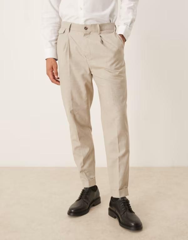 エイソス メンズ ボトムス カジュアルパンツ パンツ ASOS DESIGN tapered chino dress pants with front pleats in neutral plaid STONE ストーン
