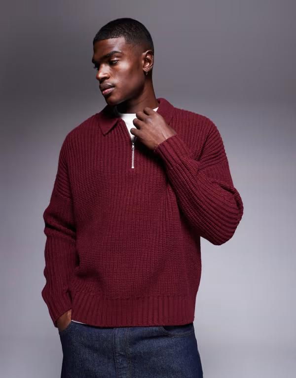 エイソス メンズ トップス ポロシャツ ハーフジップ セーター ニット ASOS DESIGN oversized heavyweight knit quarter zip polo sweater Burgundy バーガンディ
