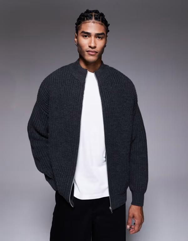 エイソス メンズ アウター カーディガン スタンドネック ニット ASOS DESIGN oversized knit zip up funnel neck cardigan in charcoal CHARCOAL チャコール