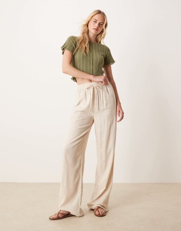 エイソス レディース ボトムス カジュアルパンツ パンツ トール リネン ASOS DESIGN Tall linen mix pull on pants in stone Stone ストーン