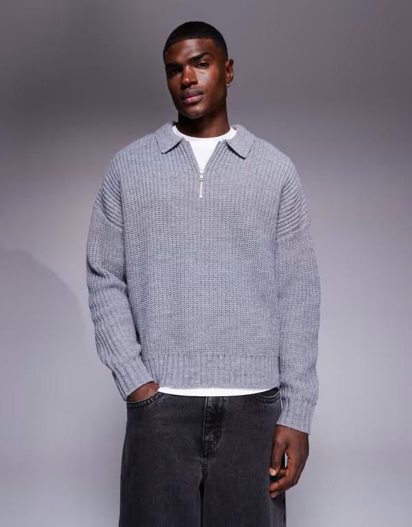 エイソス メンズ トップス ポロシャツ ハーフジップ ウール セーター ニット ASOS DESIGN oversized boxy fit heavyweight knit wool blend quarter zip sweater heather Gra