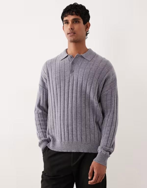 エイソス メンズ トップス ポロシャツ リブ ウール ニット ASOS DESIGN oversized knit lambswool ribbed polo heather Gray Heather グレー