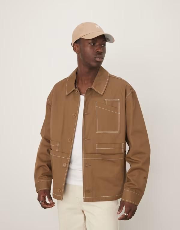 エイソス メンズ アウター ジャケット・ブルゾン コントラスト ジャケット ASOS DESIGN boxy oversized worker jacket with contrast stitch in tan TAN タン