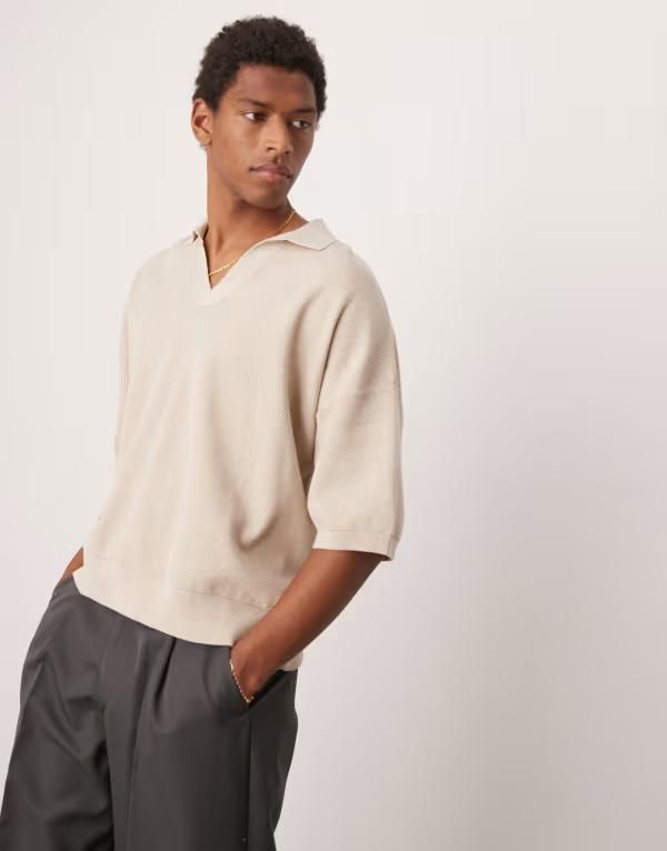 エイソス メンズ トップス ポロシャツ ニット ASOS DESIGN oversized boxy fit textured knit notch neck polo in ecru ECRU エクリュ