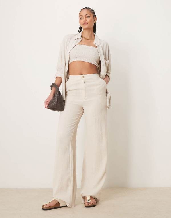 エイソス レディース ボトムス カジュアルパンツ ストレート パンツ トール リネン ASOS DESIGN Tall relaxed straight leg pants with linen in stone Stone ストーン