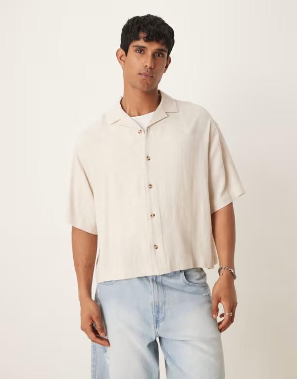 エイソス メンズ トップス シャツ リネン ASOS DESIGN boxy oversized revere linen blend shirt in stone STONE ストーン
