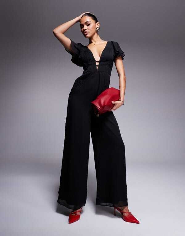 エイソス レディース トップス ジャンプスーツ ワイドレッグ ギャザー ASOS DESIGN flutter sleeve ruched wide leg jumpsuit Black ブラック