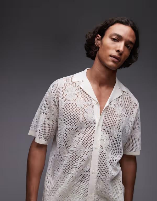 トップマン メンズ トップス ポロシャツ フラワー柄 シャツ フラワー Topman camp collar floral crochet shirt in ecru ECRU エクリュ