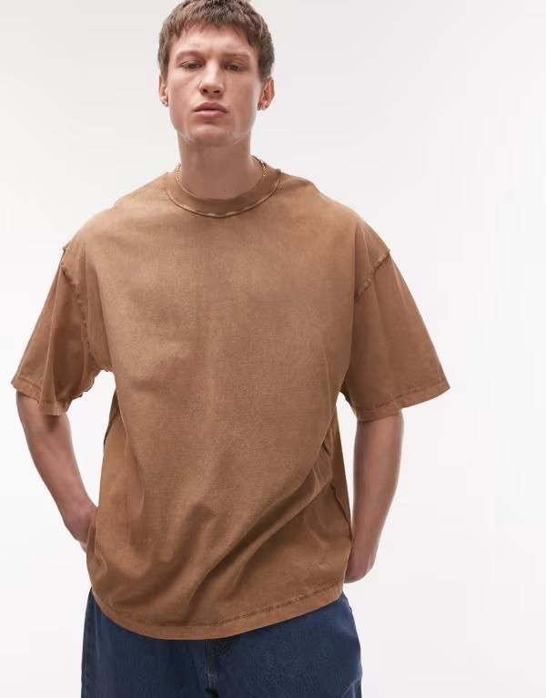 トップマン メンズ トップス Tシャツ Topman extreme oversized washed raw seam detail Tshirt BROWN ブラウン