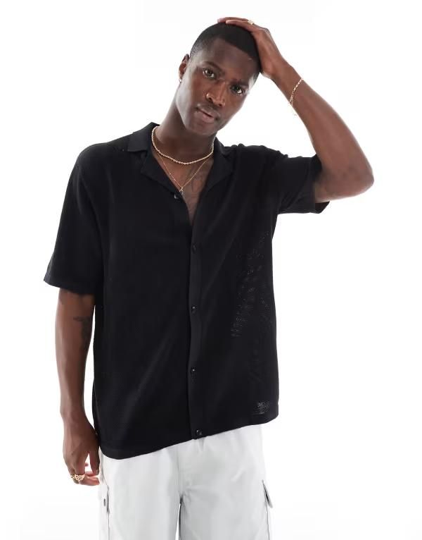 ジャック アンド ジョーンズ メンズ トップス ポロシャツ ニット Jack Jones oversized button up knit polo Black ブラック