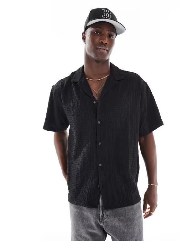 ジャック アンド ジョーンズ メンズ トップス シャツ Jack Jones camp collar seersucker short sleeve shirt Black ブラック