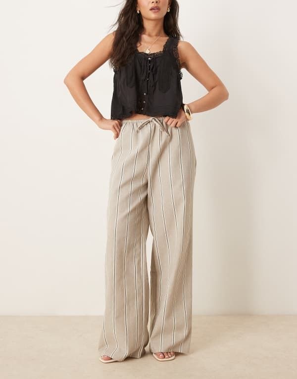 エイソス レディース ボトムス カジュアルパンツ パンツ リネン ASOS DESIGN linen look tailored tie waist pull on pants in taupe stripe Taupe stripe トープ