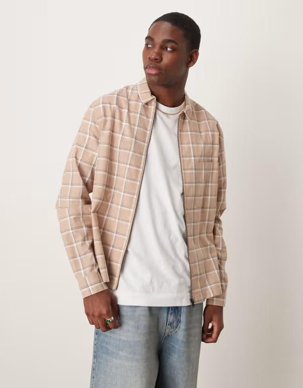 エイソス メンズ トップス シャツ ASOS DESIGN boxy zip up overshirt plaid BROWN ブラウン