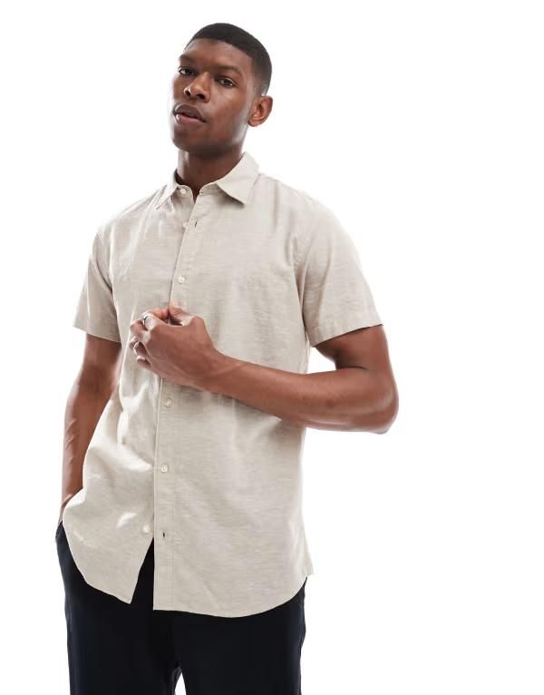 ジャック アンド ジョーンズ メンズ トップス シャツ リネン Jack Jones linen mix short sleeved shirt Crockery ベージュ