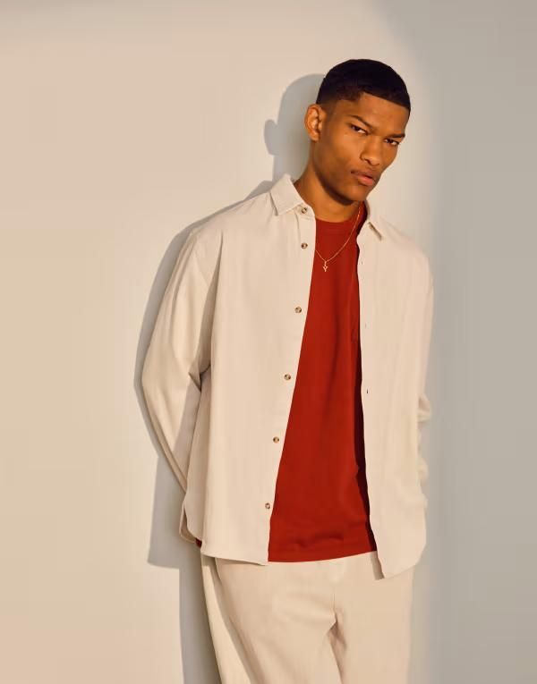 トップマン メンズ トップス シャツ Topman long sleeve washed canvas overshirt in stone ECRU エクリュ