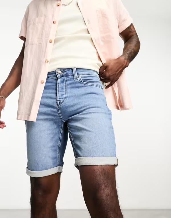 オンリーアンドサンズ メンズ ボトムス ハーフパンツ・ショーツ ショートパンツ デニム Only Sons denim shorts in mid Blue Denim デニム