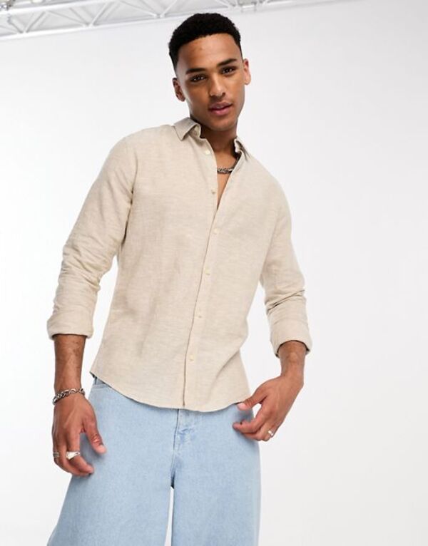 オンリーアンドサンズ メンズ トップス シャツ リネン Only Sons linen mix long sleeve shirt Chinchilla ベージュ