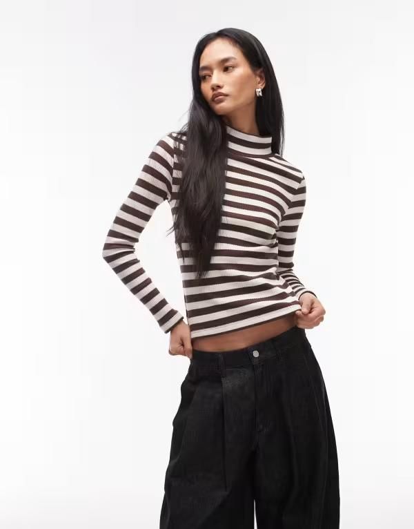 エイソス レディース トップス Tシャツ スタンドネック ASOS DESIGN pointelle long sleeve funnel neck top in stripe ストライプ 14,980円