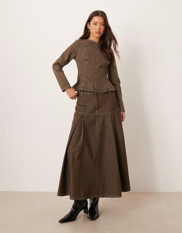 エイソス レディース ボトムスカート プリーツ ミディ デニム ASOS DESIGN double pleatedenimidi skirt Khaki カーキ