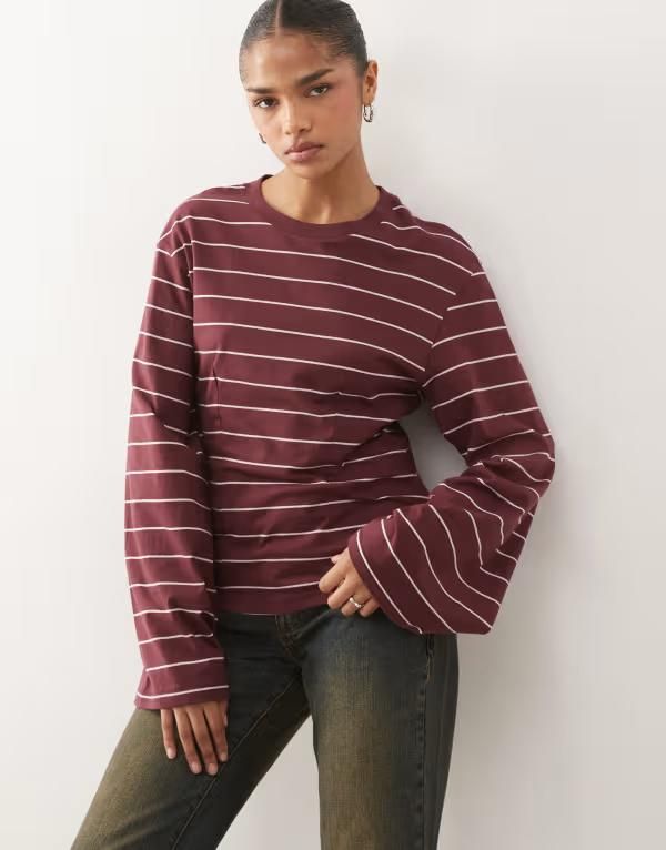 モンキ レディース トップス Tシャツ Monki cinched long sleeve top and pink stripe Red レッド