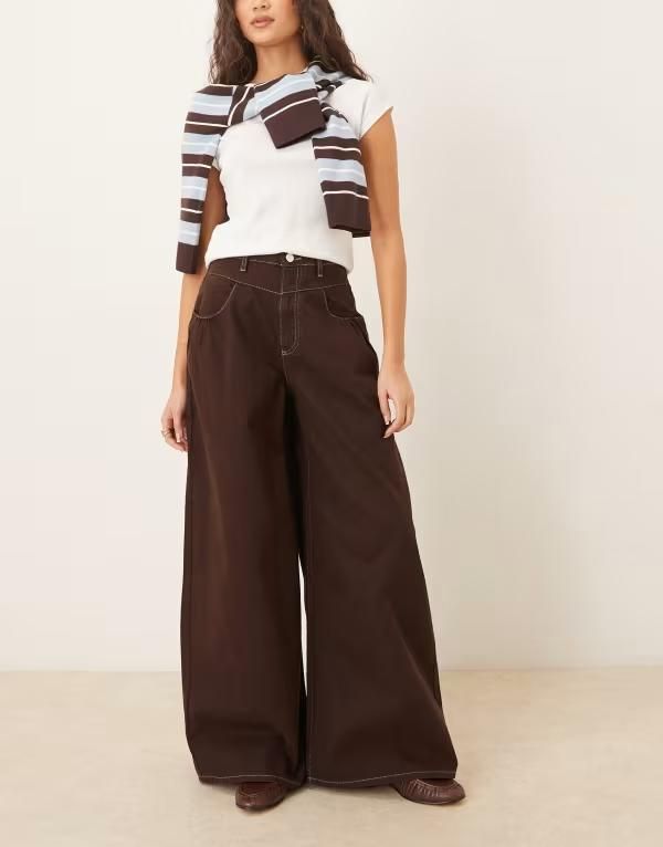 エイソス レディース ボトムス カジュアルパンツ ワイドレッグ ジーンズ ASOS DESIGN front yoke wide leg jeans BROWN ブラウン
