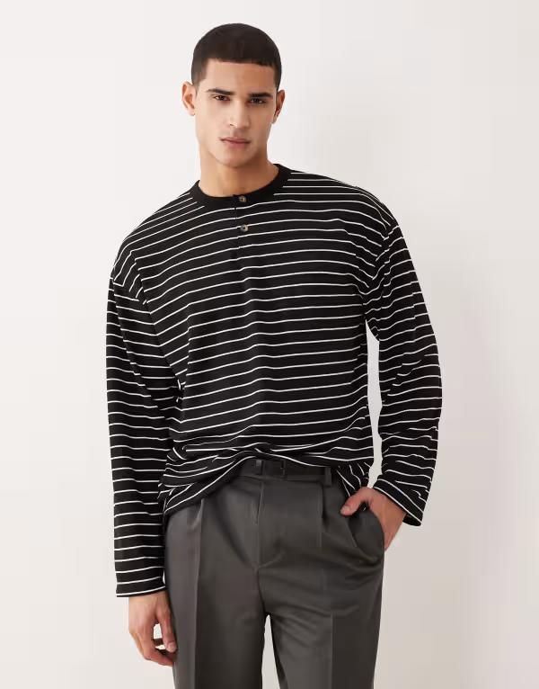 エイソス メンズ トップス Tシャツ ヘンリーネック ASOS DESIGN oversized long sleeve Tshirt withenley neck and black stripe Black stripe ブラック