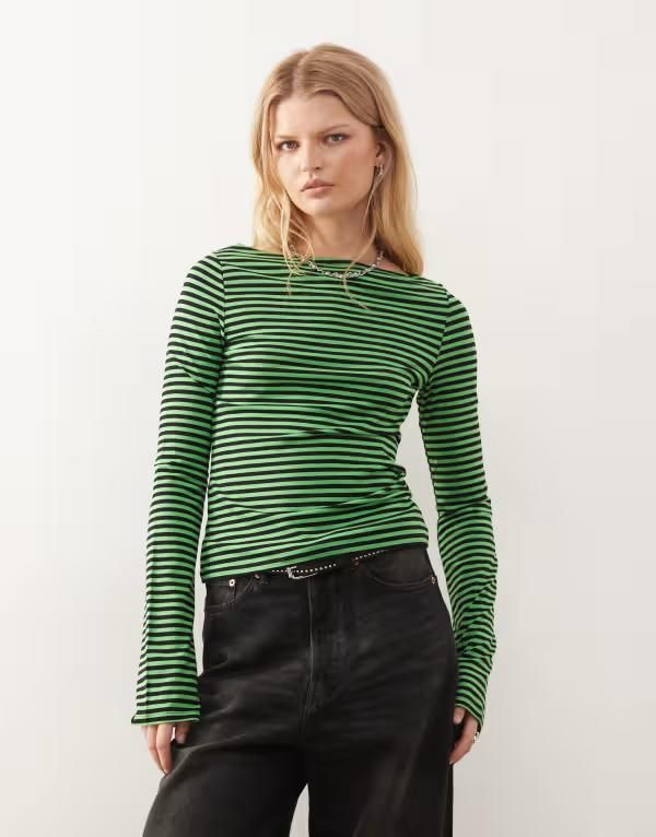 ウィークデイ レディース トップス Tシャツ Weekday Annie soft boat neck long sleeve top and green stripe Exclusive to ASOS Black green ブラック 14,980円