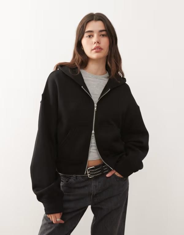 ウィークデイ レディース アウター パーカー・スウェット Weekday oversized boxy fit zip up hoodie Black ブラック