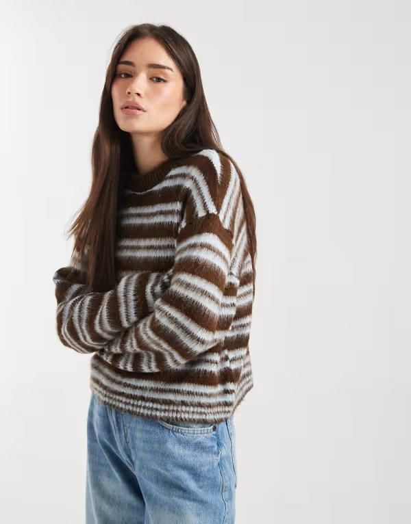 エイソス レディース アウター ニット・セーター ASOS DESIGN knit jumper brushed stripes BrownBlue ブルー