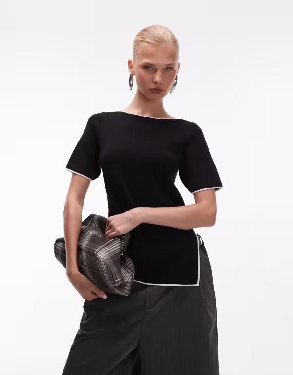 エイソス レディース トップス Tシャツ アシンメトリー ギャザー ASOS DESIGN ruched side asymmetric Tshirt with white tipping Black ブラック
